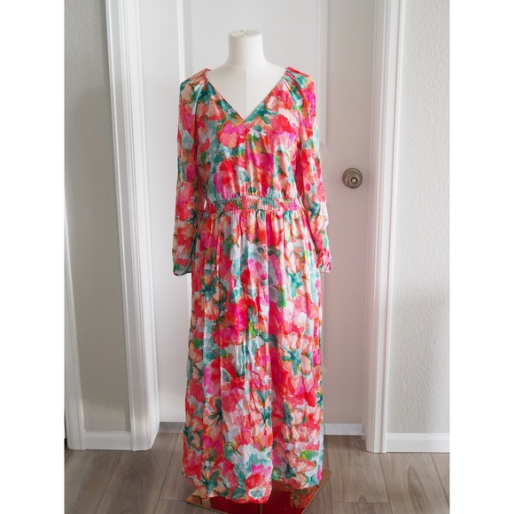 Soft Surroundings Dresses & Skirts - Soft Surroundings Watercolor Floral Pink Maxi Dress Boho PM Long Sleeve V-Neck